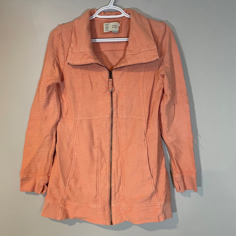 Saturday Sunday Anthropologie Peach Coral Textured Full Zip Tie Back Jacket M